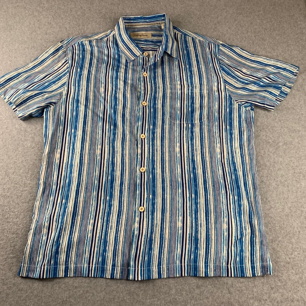 Tommy Bahama Button Down XXL Blue Striped Silk Blend Short Sleeve Camp Shirt